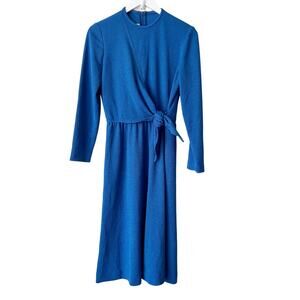 Vintage Leslie Fay Original Wrap Dress Blue Size 8 Midi Modest 1970s Classic
